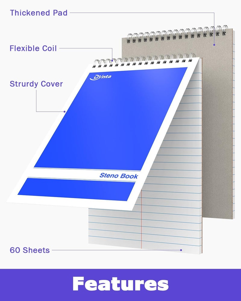 Dynta Steno Pads Spiral 6x9 12 Pack Gregg Rule Notebooks 6 Assorted Covers 60 Sheets White Paper, Writing Note Pads for Note-taking in School Office Home College University Work Travel - Image 3